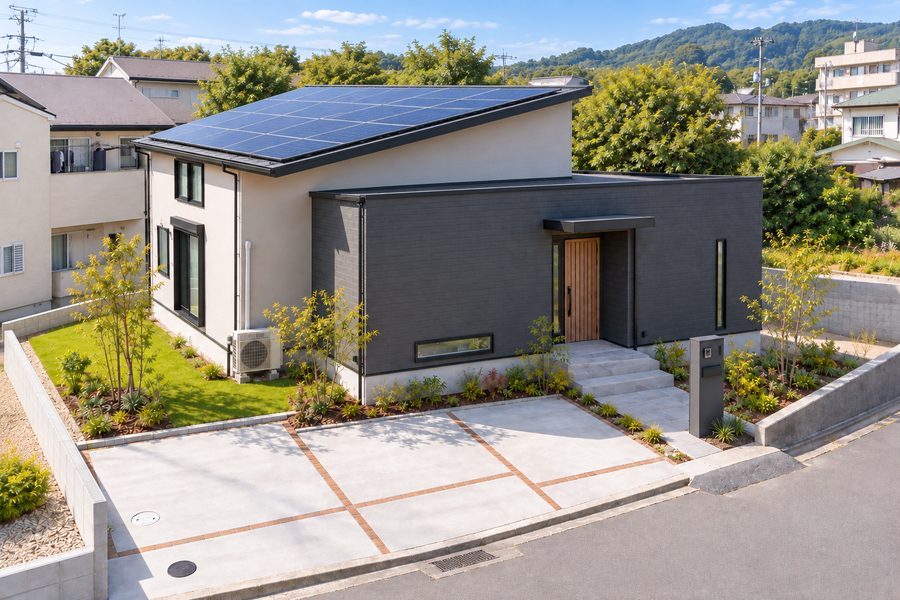 屋根に太陽光発電パネルを載せた住宅の外観